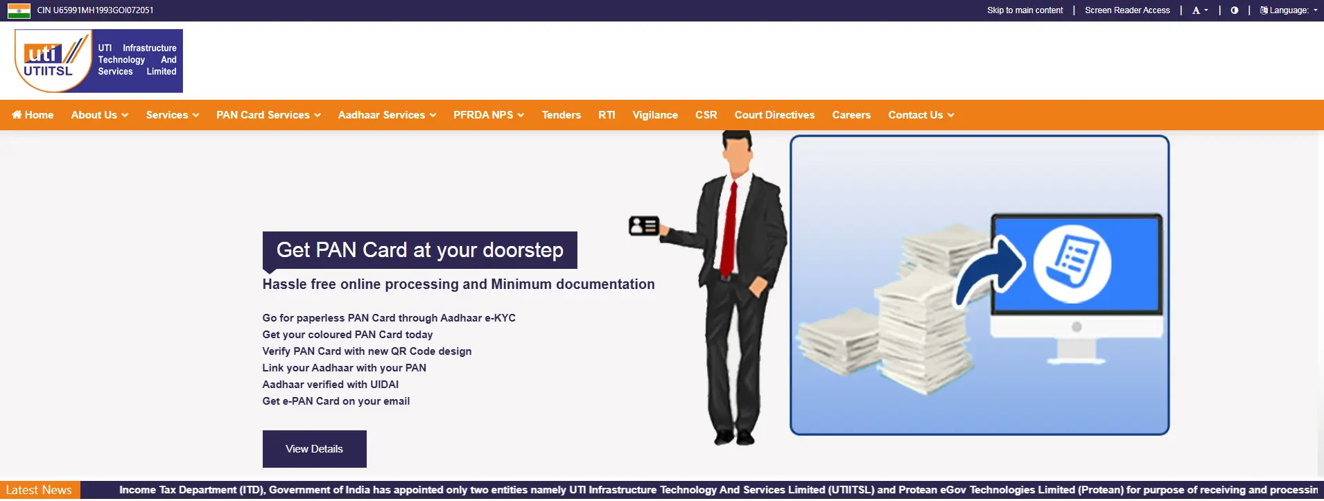UTIITSL official portal homepage showing PAN card services