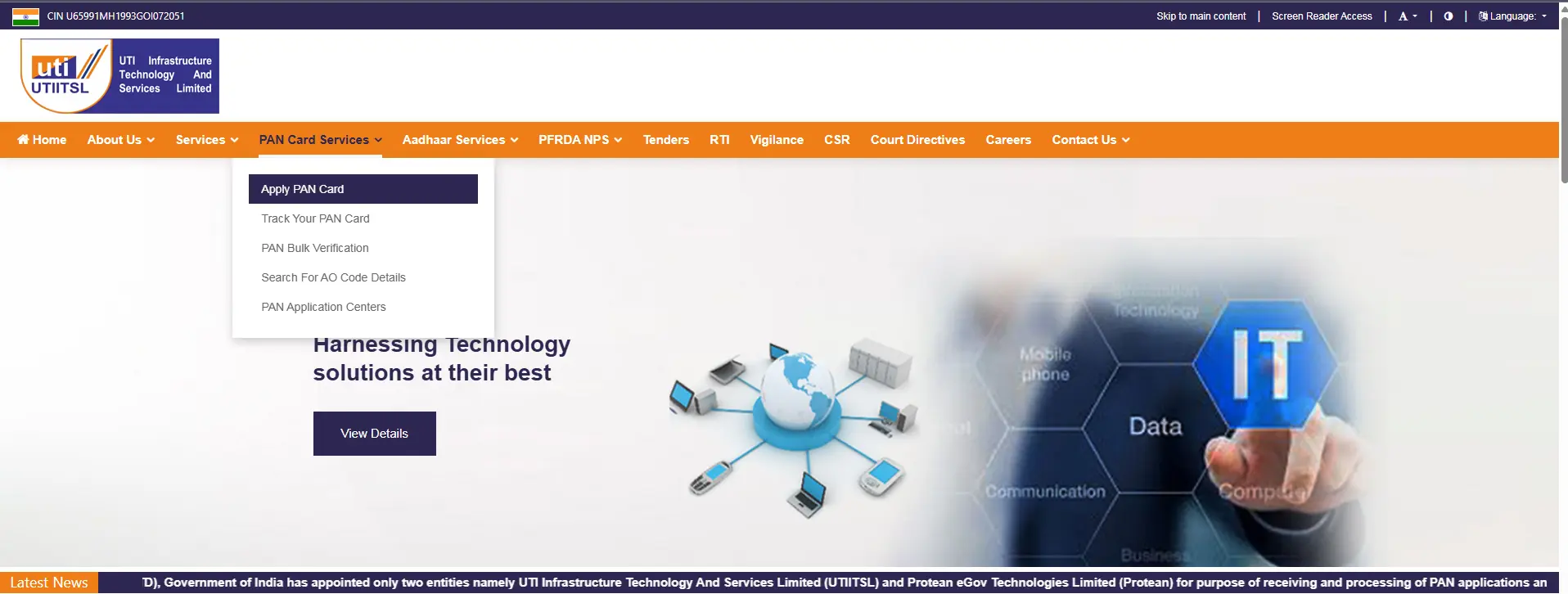 UTIITSL application form selection page showing Form 49A and Form 49AA options