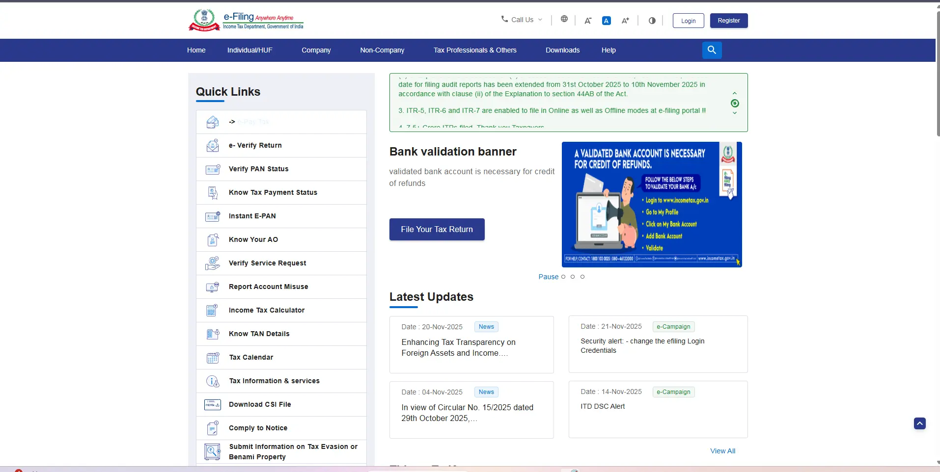 Income Tax e-Filing portal homepage screenshot