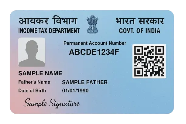 PAN Card Sample - Indian Permanent Account Number Card with light blue gradient background