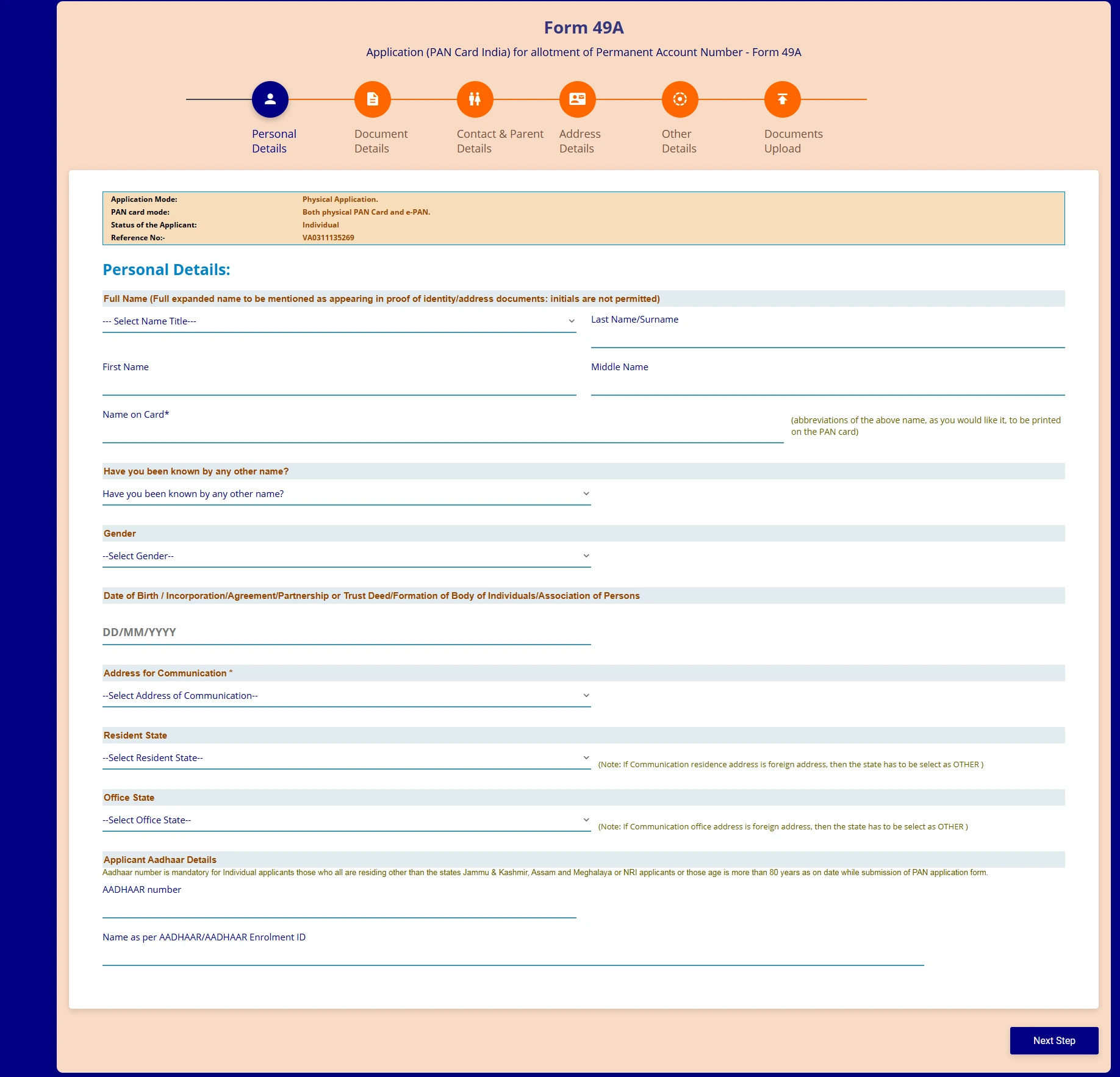 UTIITSL personal details form for Andaman and Nicobar Islands