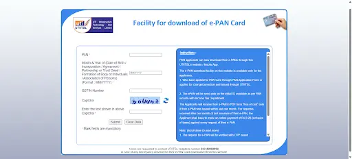 Enter PAN, date of birth, and GSTIN on UTIITSL ePAN download form for Maharashtra