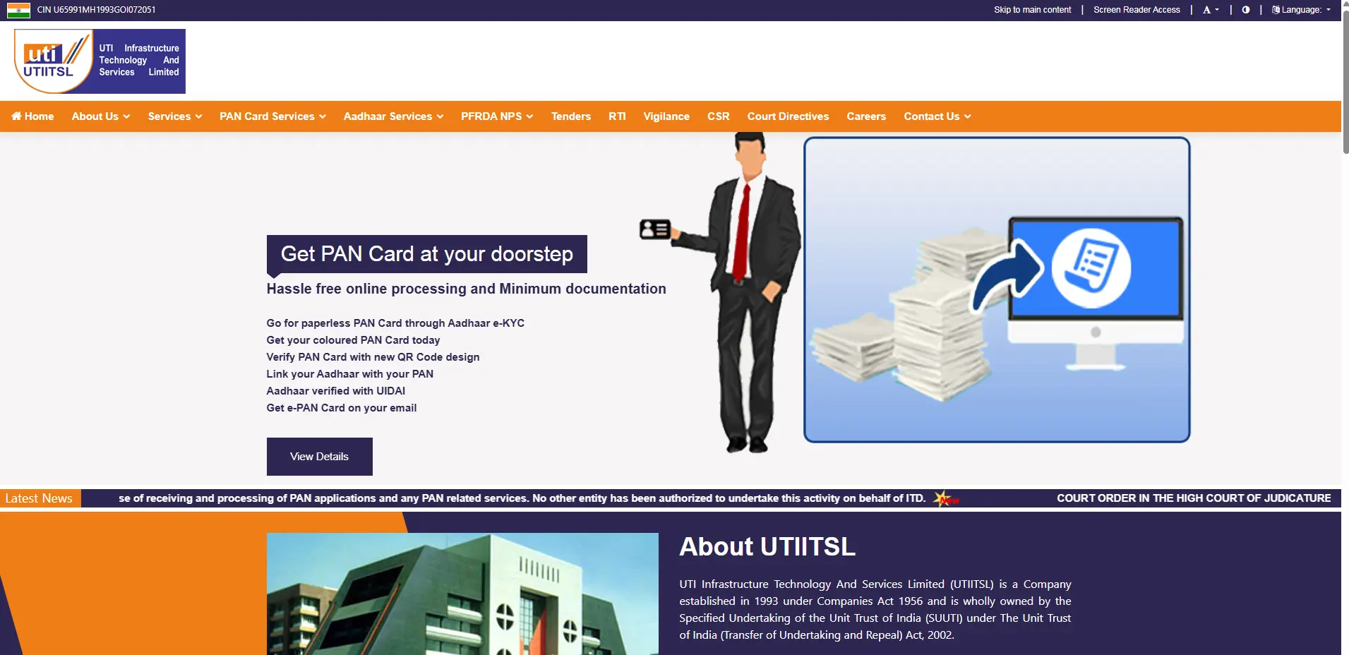 UTIITSL PAN Website homepage for Dadra and Nagar Haveli and Daman and Diu users
